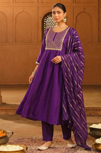 Embroidered Viscose Silk Flared Kurta Pant and Dupatta Set