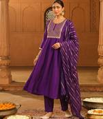 Embroidered Viscose Silk Flared Kurta Pant and Dupatta Set