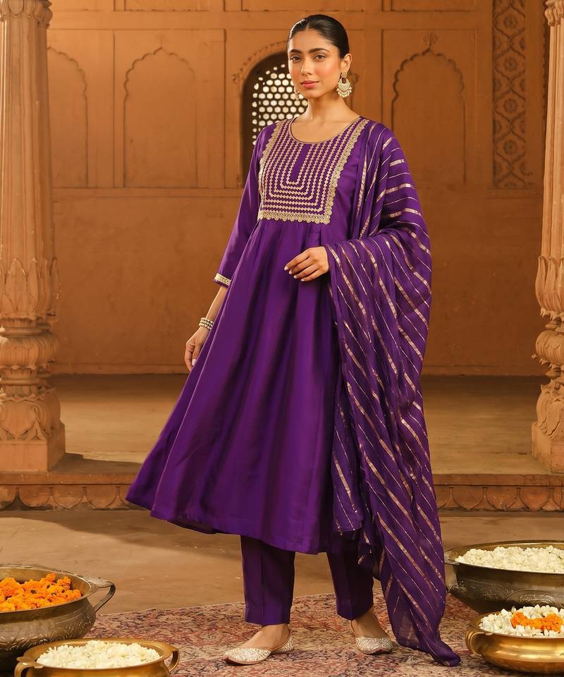 Embroidered Viscose Silk Flared Kurta Pant and Dupatta Set