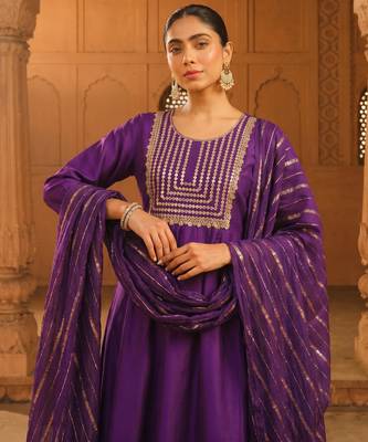 Embroidered Viscose Silk Flared Kurta Pant and Dupatta Set 2