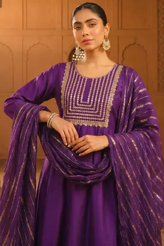Embroidered Viscose Silk Flared Kurta Pant and Dupatta Set