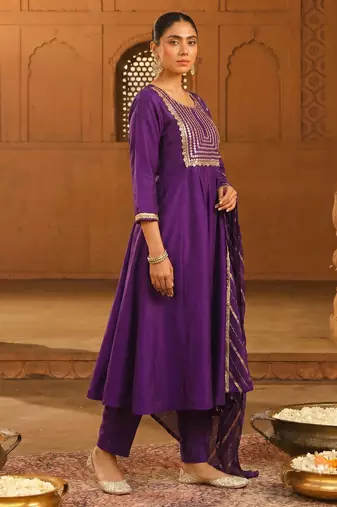 Embroidered Viscose Silk Flared Kurta Pant and Dupatta Set