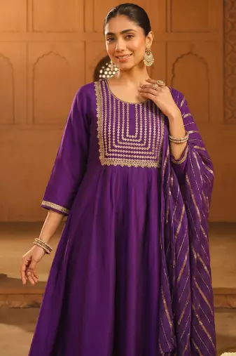 Embroidered Viscose Silk Flared Kurta Pant and Dupatta Set