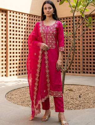 Women Ethnic Motifs Embroidered Regular Thread Work Kurta with Trousers & With Dupatta 1