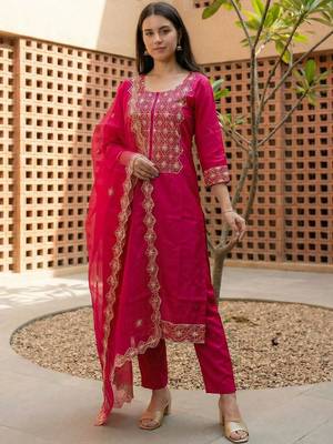 Women Ethnic Motifs Embroidered Regular Thread Work Kurta with Trousers & With Dupatta 2