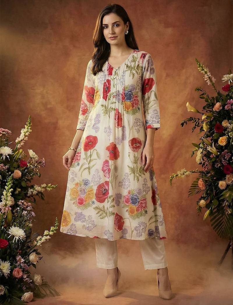 Women Floral Printed Pleated Pure Cotton Kurta with Trousers