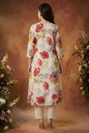 Women Floral Printed Pleated Pure Cotton Kurta with Trousers