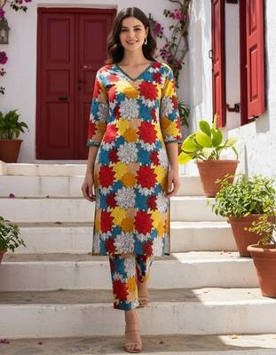Women Floral Printed Regular Pure Cotton Kurta with Trousers 1