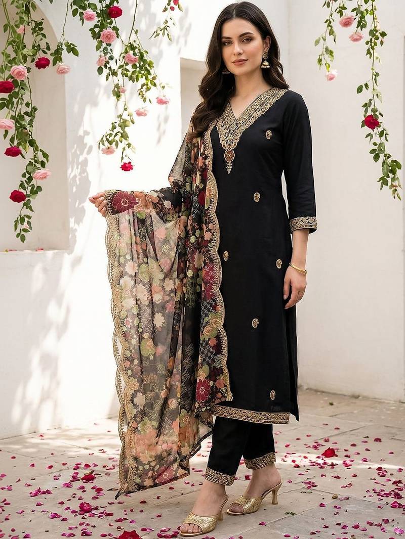 Women Floral Embroidered Regular Thread Work Kurta with Trousers & With Dupatta