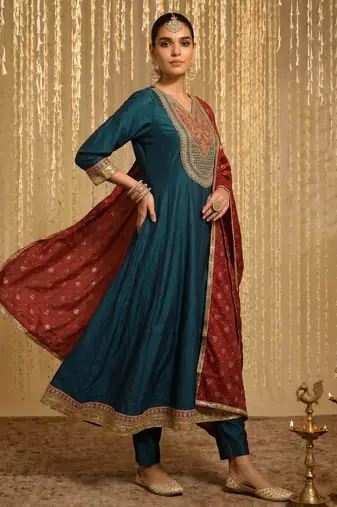 Embroidered Vichitra Silk Flared Anarkali Pant and Dupatta Set