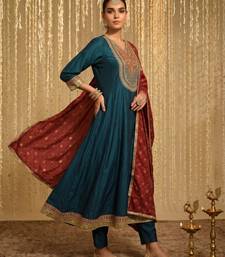 Embroidered Vichitra Silk Flared Anarkali Pant and Dupatta Set