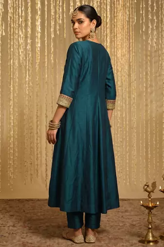 Embroidered Vichitra Silk Flared Anarkali Pant and Dupatta Set