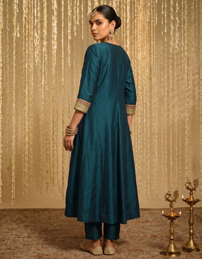 Embroidered Vichitra Silk Flared Anarkali Pant and Dupatta Set