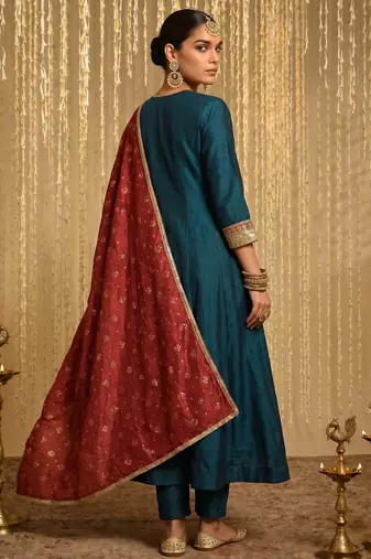 Embroidered Vichitra Silk Flared Anarkali Pant and Dupatta Set