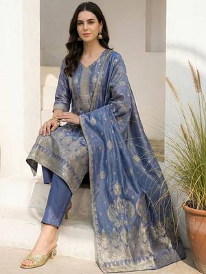 Women Ethnic Motifs Regular Liva Kurta with Trousers & With Dupatta 1