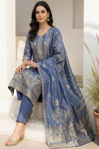 Women Ethnic Motifs Regular Liva Kurta with Trousers & With Dupatta