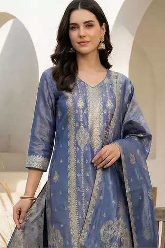 Women Ethnic Motifs Regular Liva Kurta with Trousers & With Dupatta