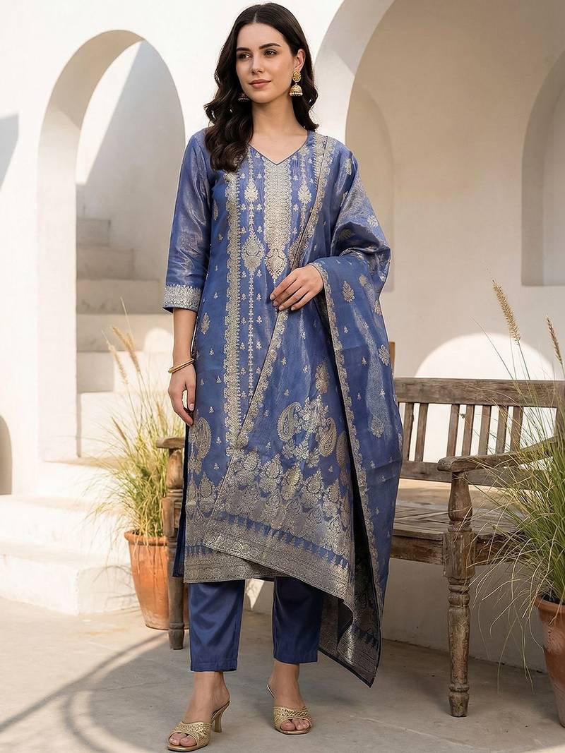 Women Ethnic Motifs Regular Liva Kurta with Trousers & With Dupatta
