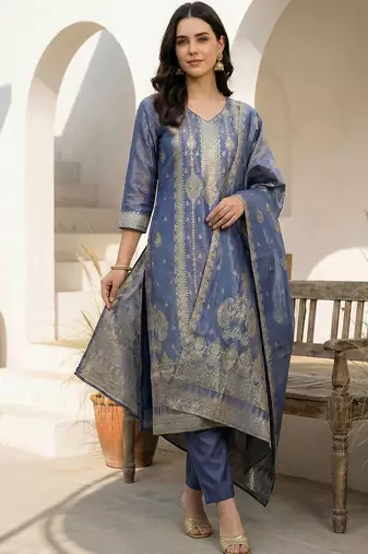 Women Ethnic Motifs Regular Liva Kurta with Trousers & With Dupatta