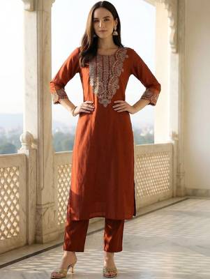 Women Ethnic Motifs Embroidered Regular Thread Work Liva Kurta with Trousers & With Dupatta 2