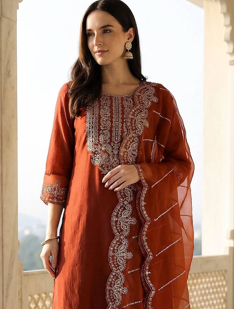 Women Ethnic Motifs Embroidered Regular Thread Work Liva Kurta with Trousers & With Dupatta