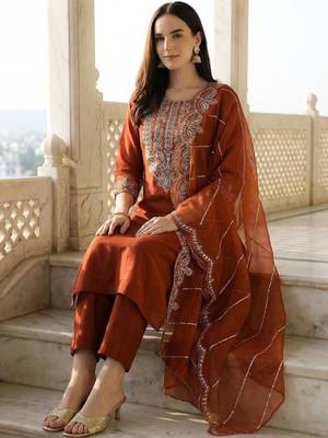 Women Ethnic Motifs Embroidered Regular Thread Work Liva Kurta with Trousers & With Dupatta 6