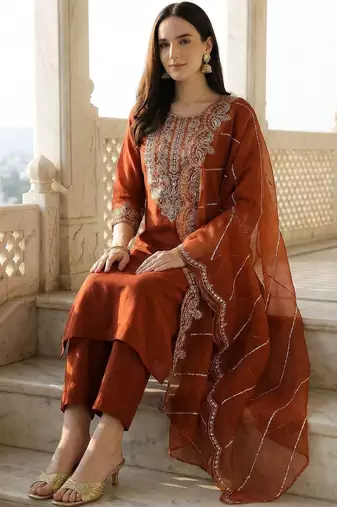Women Ethnic Motifs Embroidered Regular Thread Work Liva Kurta with Trousers & With Dupatta