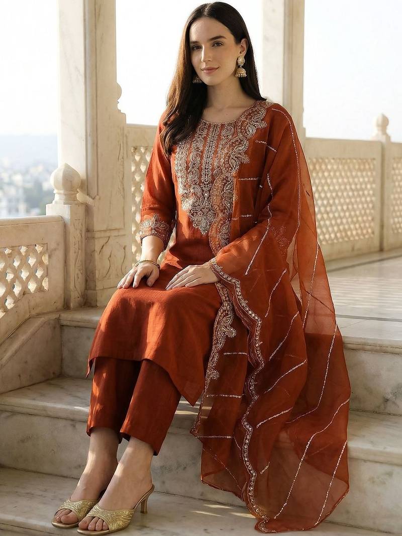Women Ethnic Motifs Embroidered Regular Thread Work Liva Kurta with Trousers & With Dupatta