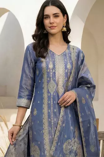 Women Ethnic Motifs Regular Liva Kurta with Trousers & With Dupatta