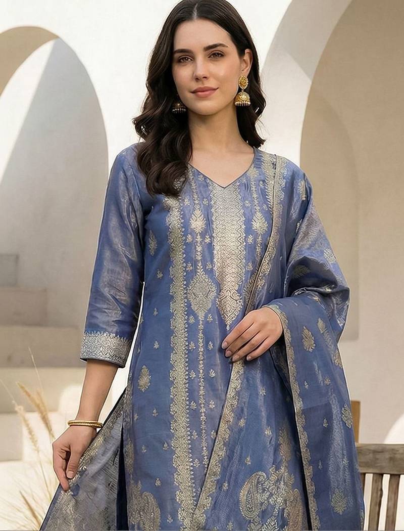 Women Ethnic Motifs Regular Liva Kurta with Trousers & With Dupatta