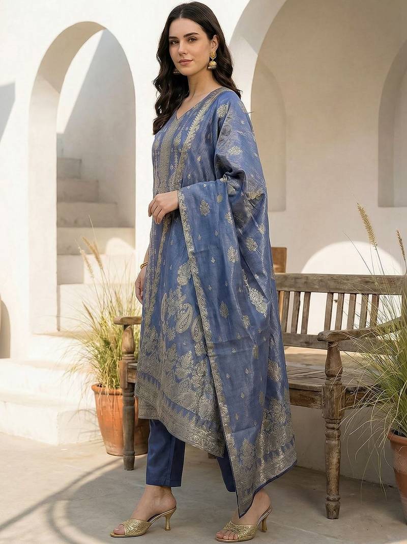 Women Ethnic Motifs Regular Liva Kurta with Trousers & With Dupatta