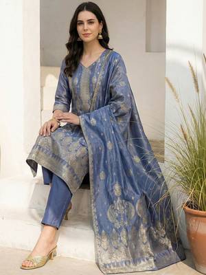 Women Ethnic Motifs Regular Liva Kurta with Trousers & With Dupatta 5