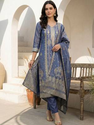 Women Ethnic Motifs Regular Liva Kurta with Trousers & With Dupatta 6