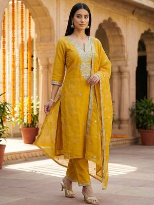Women Ethnic Motifs Embroidered Regular Thread Work Kurta with Trousers & With Dupatta 1