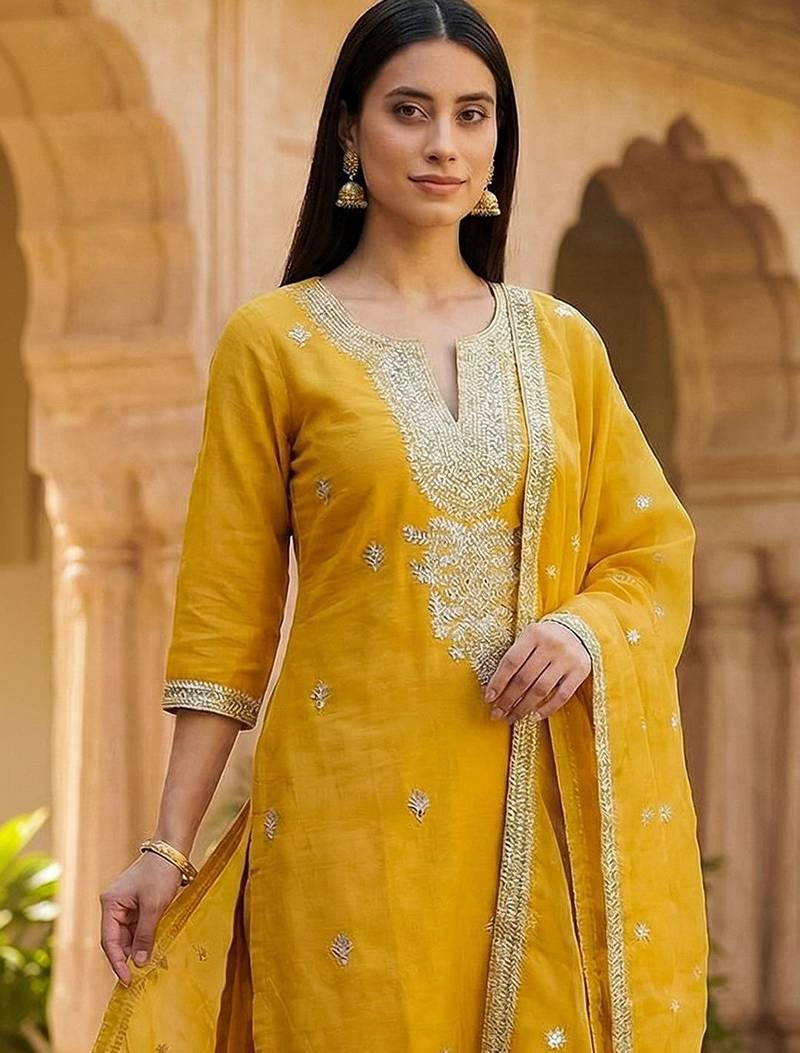 Women Ethnic Motifs Embroidered Regular Thread Work Kurta with Trousers & With Dupatta