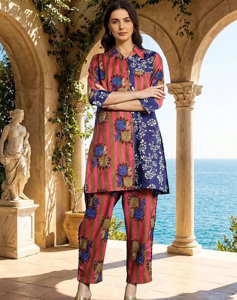 Women Floral Printed Regular Pure Cotton Kurti with Trousers