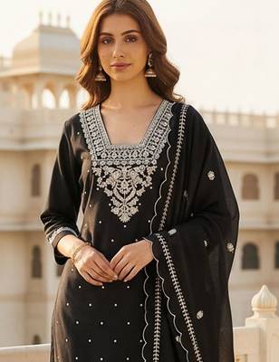 Women Ethnic Motifs Embroidered Regular Thread Work Pure Cotton Kurta with Trousers & With Dupatta 1