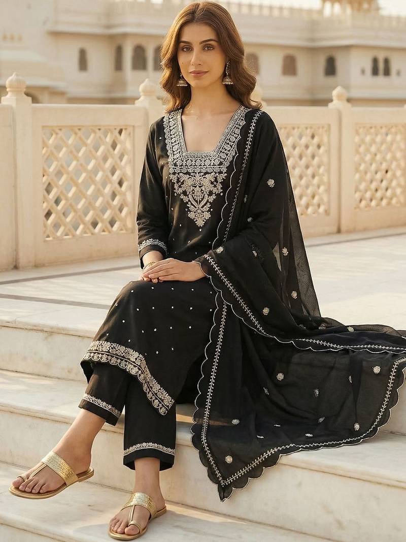 Women Ethnic Motifs Embroidered Regular Thread Work Pure Cotton Kurta with Trousers & With Dupatta