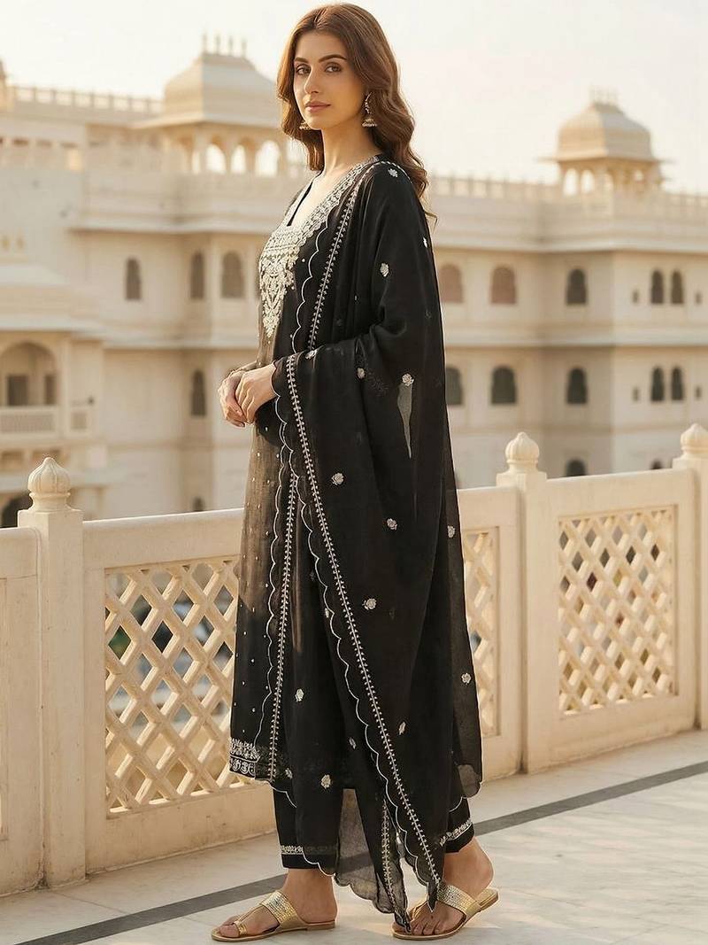 Women Ethnic Motifs Embroidered Regular Thread Work Pure Cotton Kurta with Trousers & With Dupatta