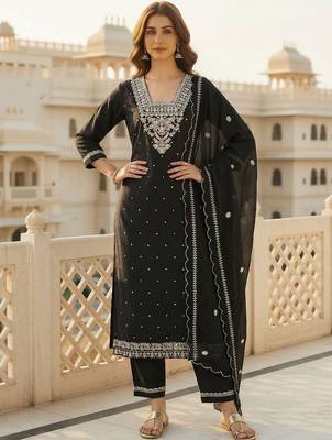 Women Ethnic Motifs Embroidered Regular Thread Work Pure Cotton Kurta with Trousers & With Dupatta 4