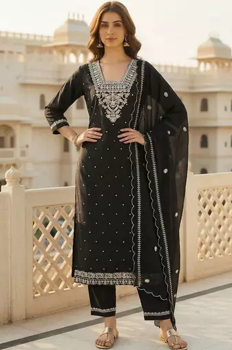 Women Ethnic Motifs Embroidered Regular Thread Work Pure Cotton Kurta with Trousers & With Dupatta