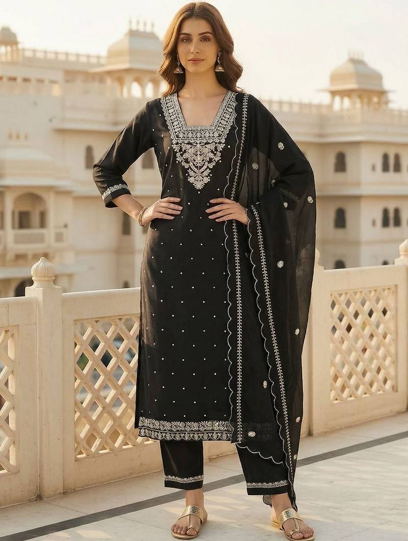 Women Ethnic Motifs Embroidered Regular Thread Work Pure Cotton Kurta with Trousers & With Dupatta