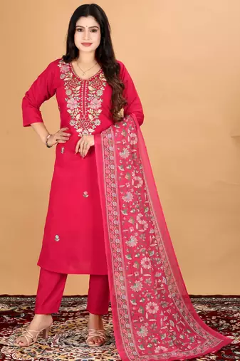 Women's Beautiful Embroidery Work Mul Chanderi Fabric Straight Kurta Pant and Dupatta Set