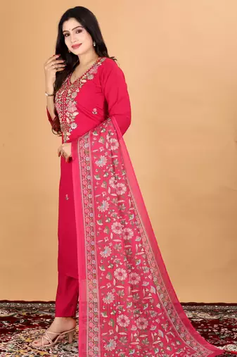 Women's Beautiful Embroidery Work Mul Chanderi Fabric Straight Kurta Pant and Dupatta Set
