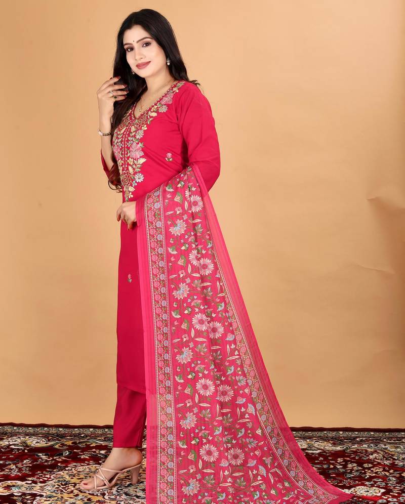 Women's Beautiful Embroidery Work Mul Chanderi Fabric Straight Kurta Pant and Dupatta Set