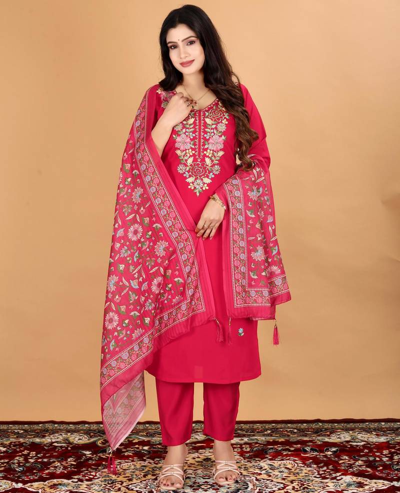 Women's Beautiful Embroidery Work Mul Chanderi Fabric Straight Kurta Pant and Dupatta Set
