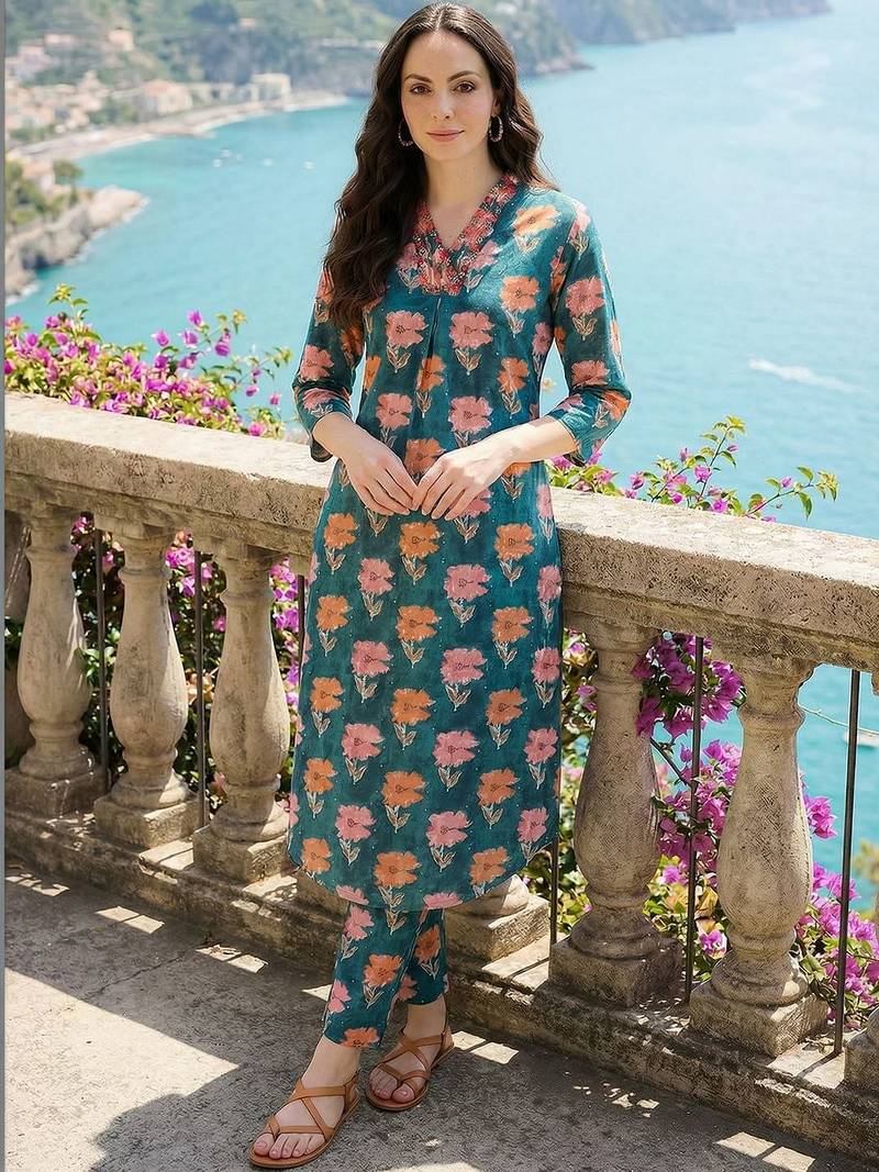 Women Floral Printed Regular Pure Cotton Kurta with Trousers