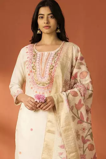 Women Ethnic Motifs Embroidered Regular Thread Work Kurta with Trousers & With Dupatta