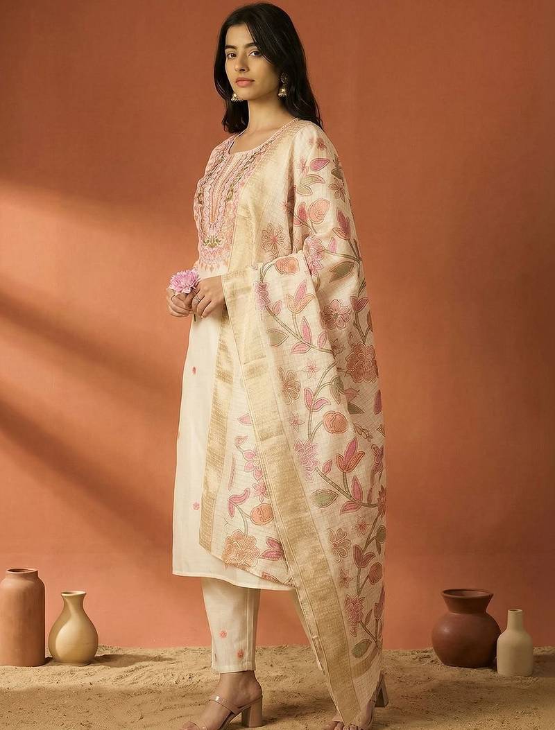 Women Ethnic Motifs Embroidered Regular Thread Work Kurta with Trousers & With Dupatta