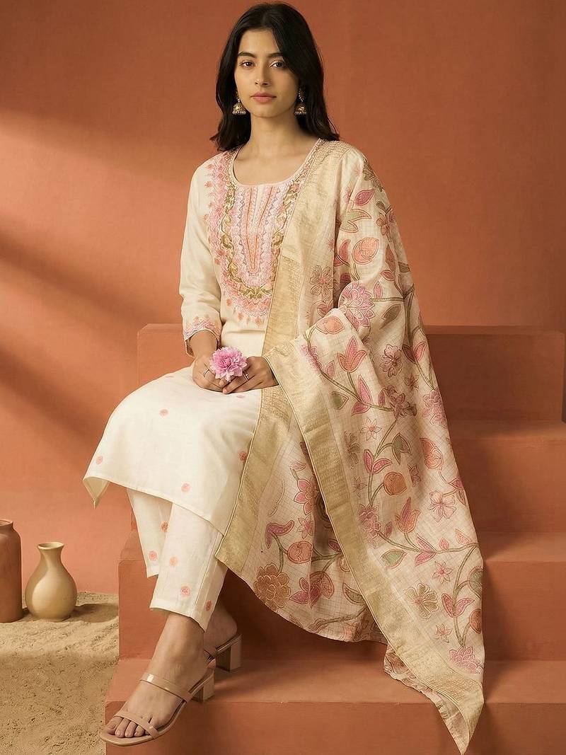Women Ethnic Motifs Embroidered Regular Thread Work Kurta with Trousers & With Dupatta